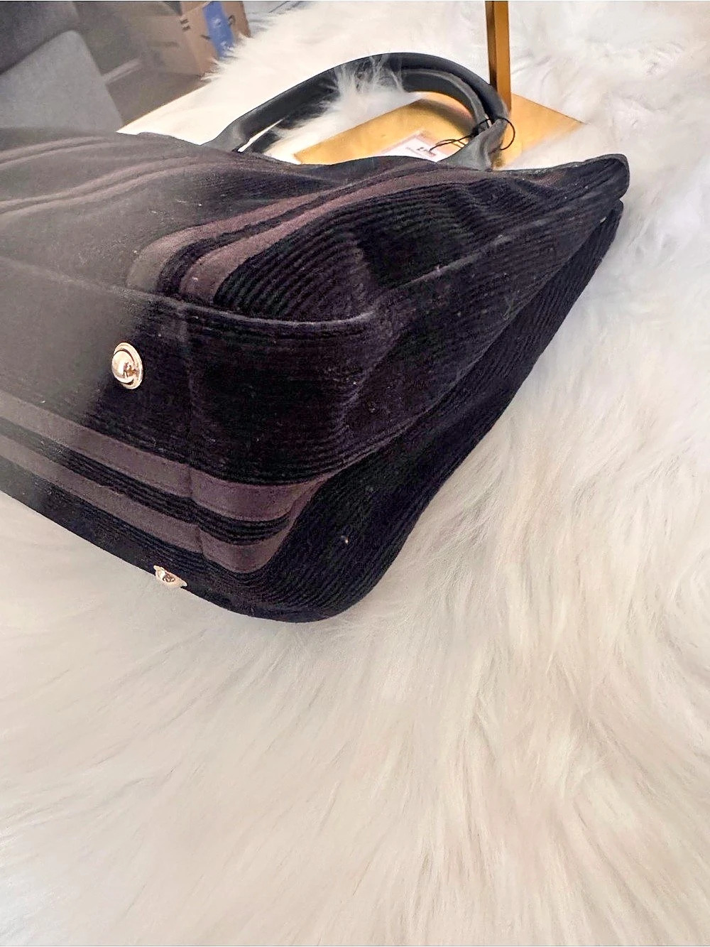 Long champ Black Velvet/Corduroy Striped Tote/Handbag - Picture 10 of 10
